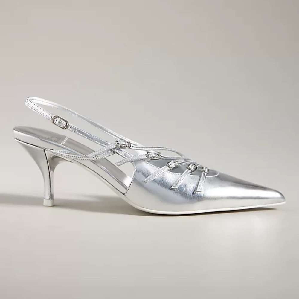 New Jeffrey Campbell Lash Slingback Heels Shoes Strappy Silver Size 8.5